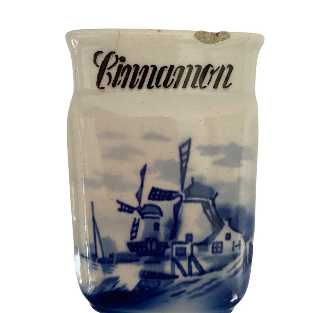 Vintage A.W. Germany Delft Style Blue White Ceramic Spice Jars Set of 3 Windmill